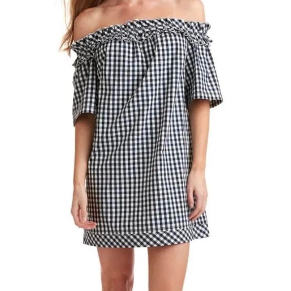 Vineyard Vines Women's Off Shoulder White and Black Gingham Dress XS